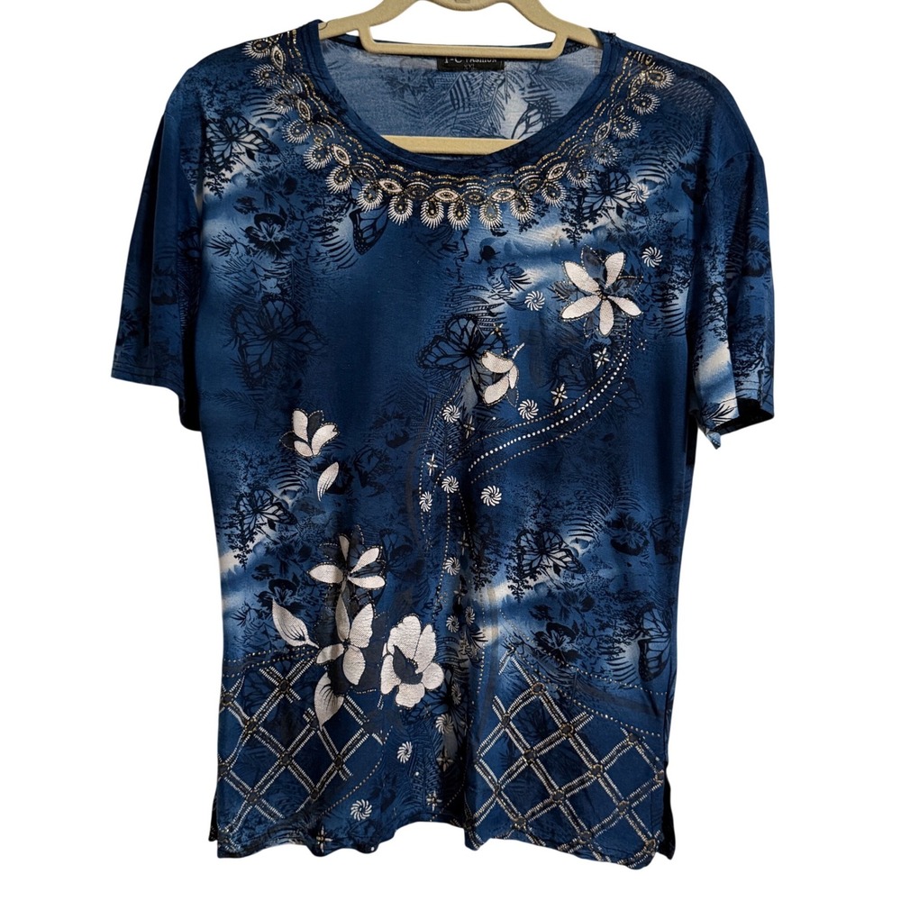 TC Fashion Womens XXL Blue Butterfly Embellished Short Sleeve Top Tie Dye Gold